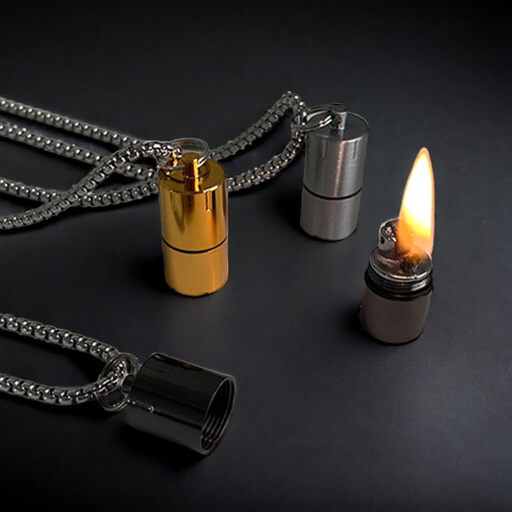 Vintage Necklace Lighter, Kerosene Lighter with Grinding Wheel, Soft Flame (No Gas) (Gold)