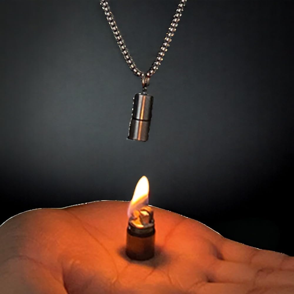 Vintage Necklace Lighter, Kerosene Lighter with Grinding Wheel, Soft Flame (No Gas) (Gold)