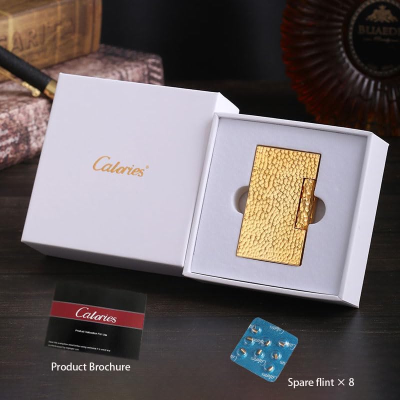 Classic Brass Lighter Hammered Texture Carved Vintage Side Slide Ignition Butane Refillable Lighter for Men, Dad, Husband, Unique Collectible,Gold