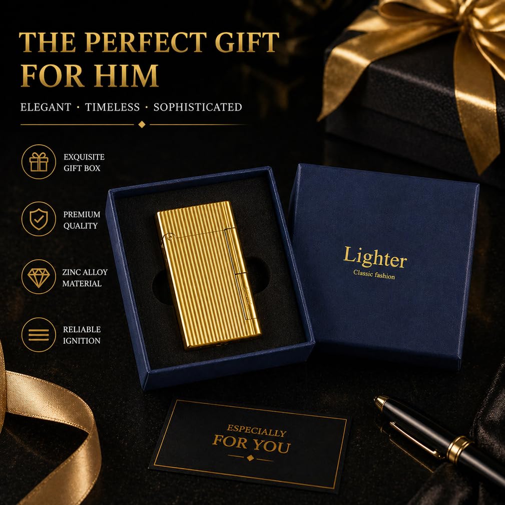 JIANCHEN Classic Metal Engraved Butane Lighter, Refillable Soft Flame Flip-Top Lighter, Gift Box (Fuel Not Included),Gold a | Classic Metal Butane Lighter, Gift Box (Fuel Not Included)