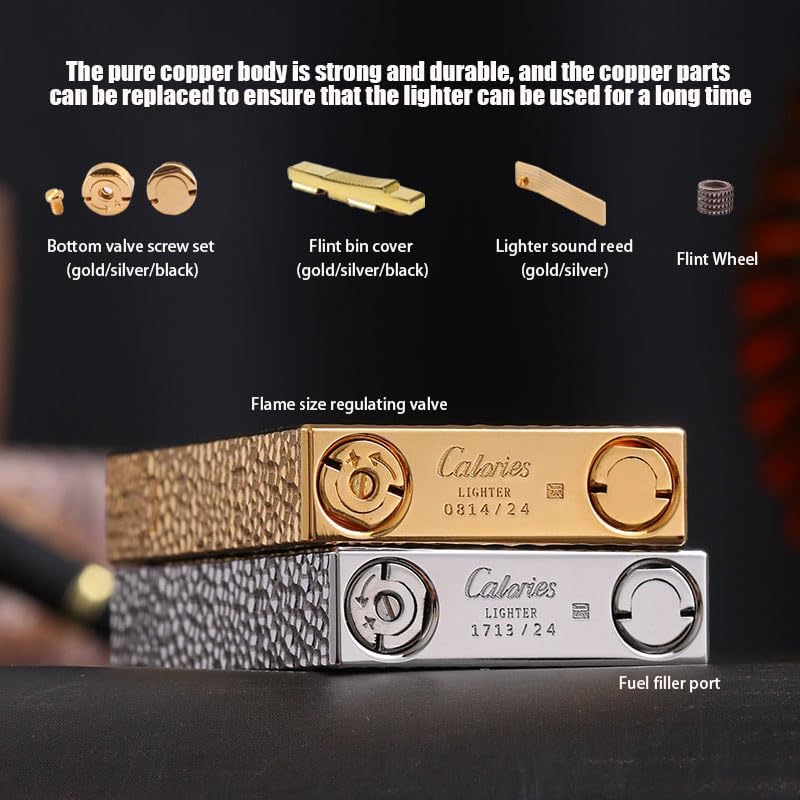 Classic Brass Lighter Hammered Texture Carved Vintage Side Slide Ignition Butane Refillable Lighter for Men, Dad, Husband, Unique Collectible,Gold