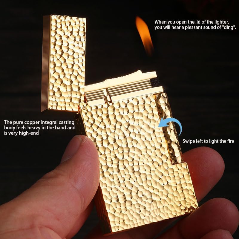 Classic Brass Lighter Hammered Texture Carved Vintage Side Slide Ignition Butane Refillable Lighter for Men, Dad, Husband, Unique Collectible,Gold