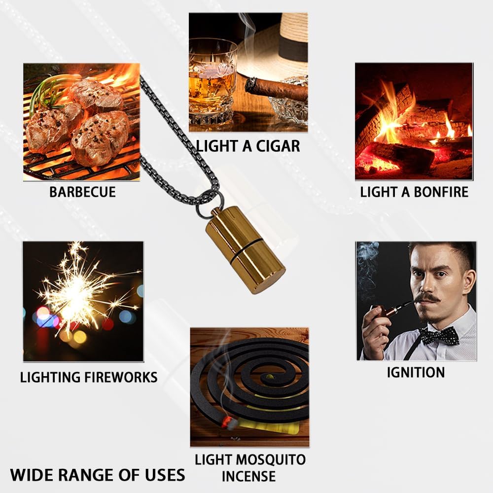 Vintage Necklace Lighter, Kerosene Lighter with Grinding Wheel, Soft Flame (No Gas) (Gold)