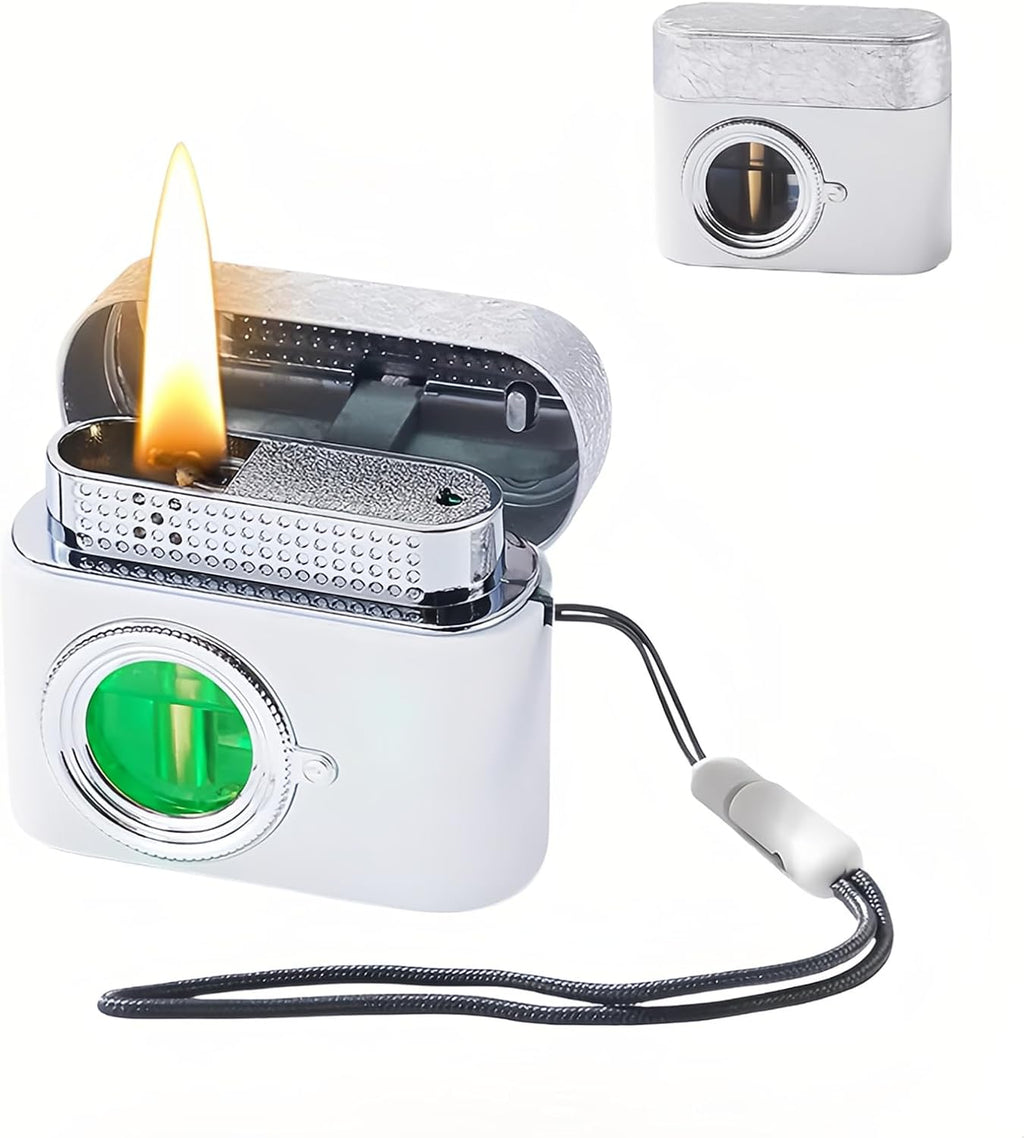 Smart Kerosene Lighter - Soft Flame with 4 Ignition Modes (Voice/Gravity/Airflow/Tap), Vintage Camera Design, USB-C Rechargeable & Refillable Lighters (Fuel Not Included)