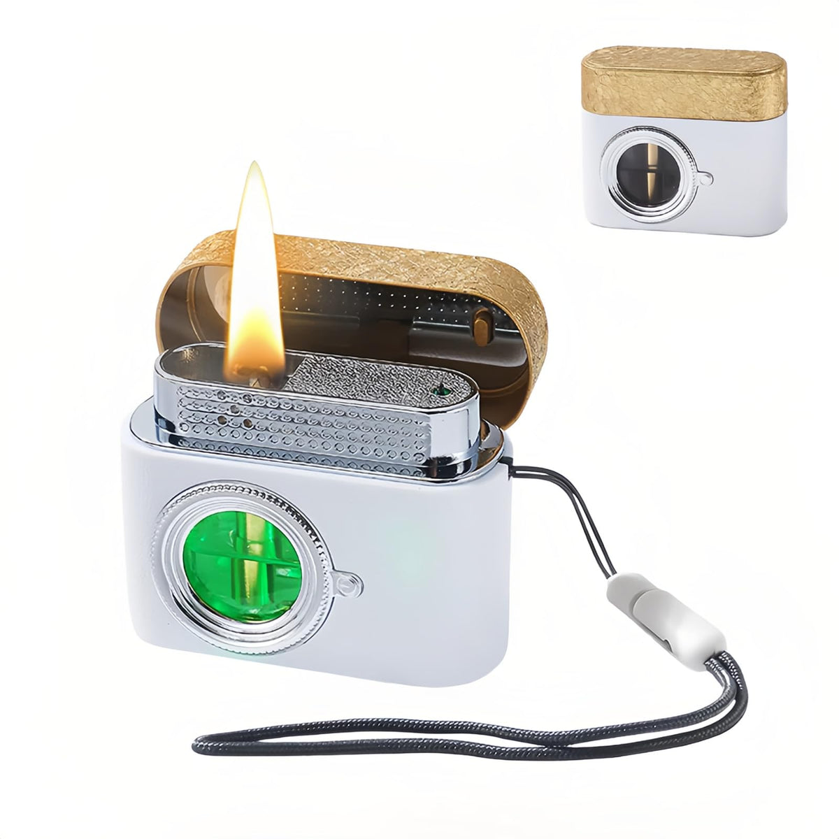 Smart Kerosene Lighter - Soft Flame with 4 Ignition Modes (Voice/Gravity/Airflow/Tap), Vintage Camera Design, USB-C Rechargeable & Refillable Lighters (Fuel Not Included)