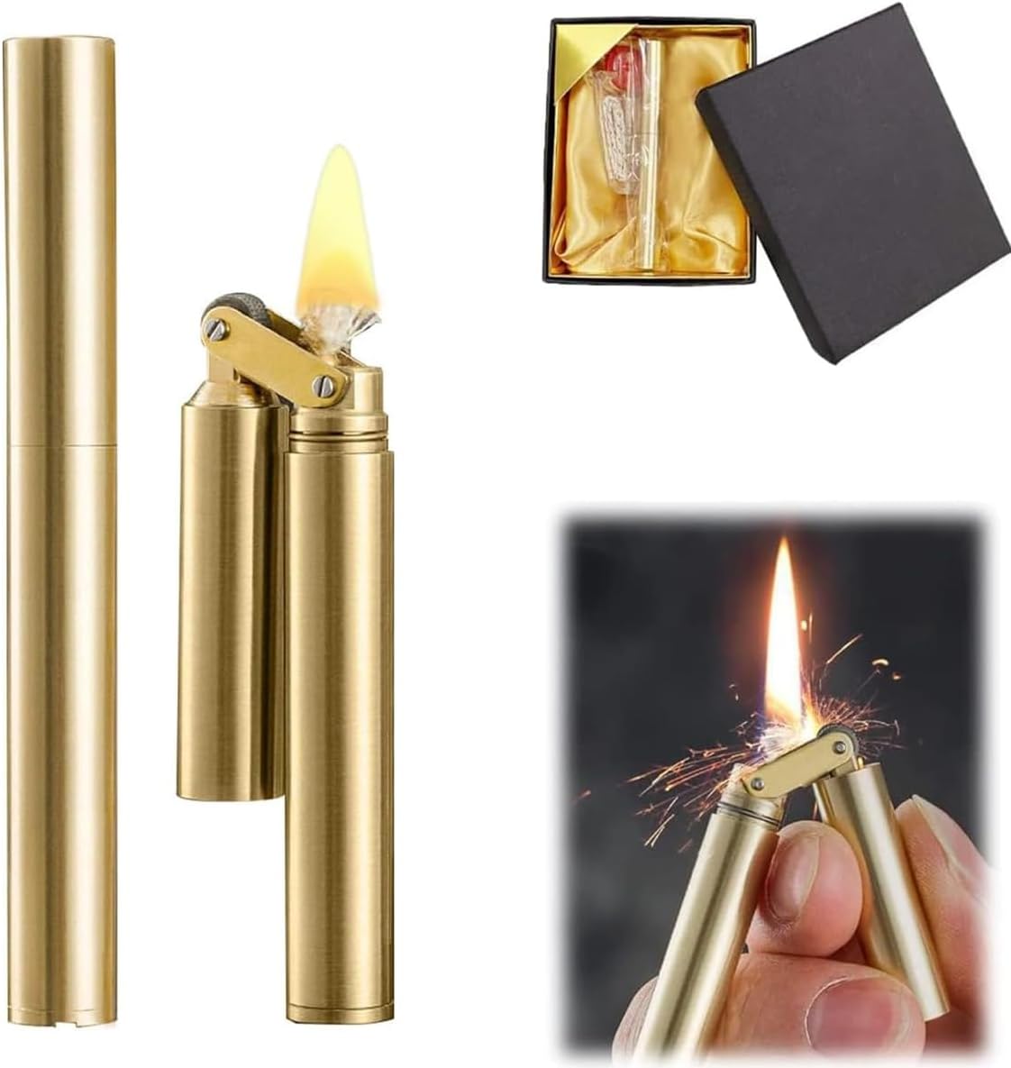 Torch Lighter Kerosene Lighter Refillable Adjustable Jet Flame Lighter for Candle Kitchen Grill Camping Jewellery Welding Men's Gift with Gift Box (Gold) (Golden