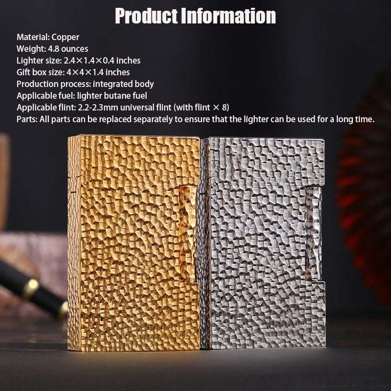 Classic Brass Lighter Hammered Texture Carved Vintage Side Slide Ignition Butane Refillable Lighter for Men, Dad, Husband, Unique Collectible,Gold