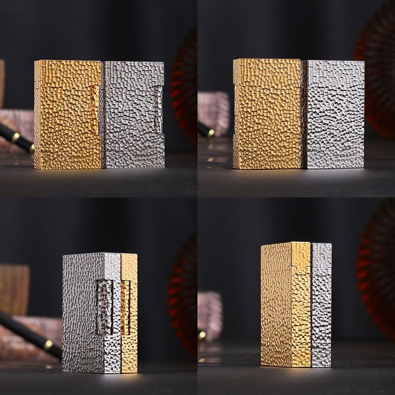 Classic Brass Lighter Hammered Texture Carved Vintage Side Slide Ignition Butane Refillable Lighter for Men, Dad, Husband, Unique Collectible,Gold