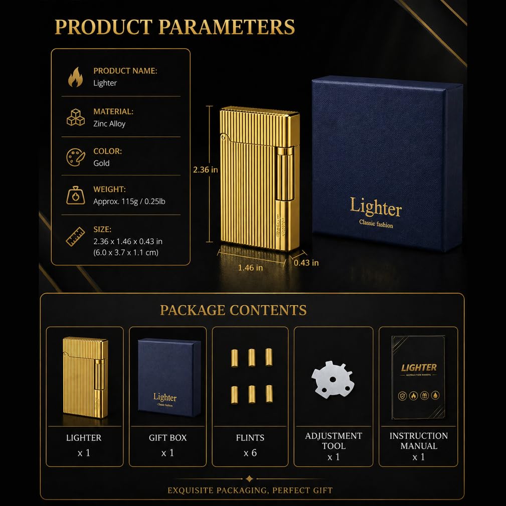 JIANCHEN Classic Metal Engraved Butane Lighter, Refillable Soft Flame Flip-Top Lighter, Gift Box (Fuel Not Included),Gold a | Classic Metal Butane Lighter, Gift Box (Fuel Not Included)