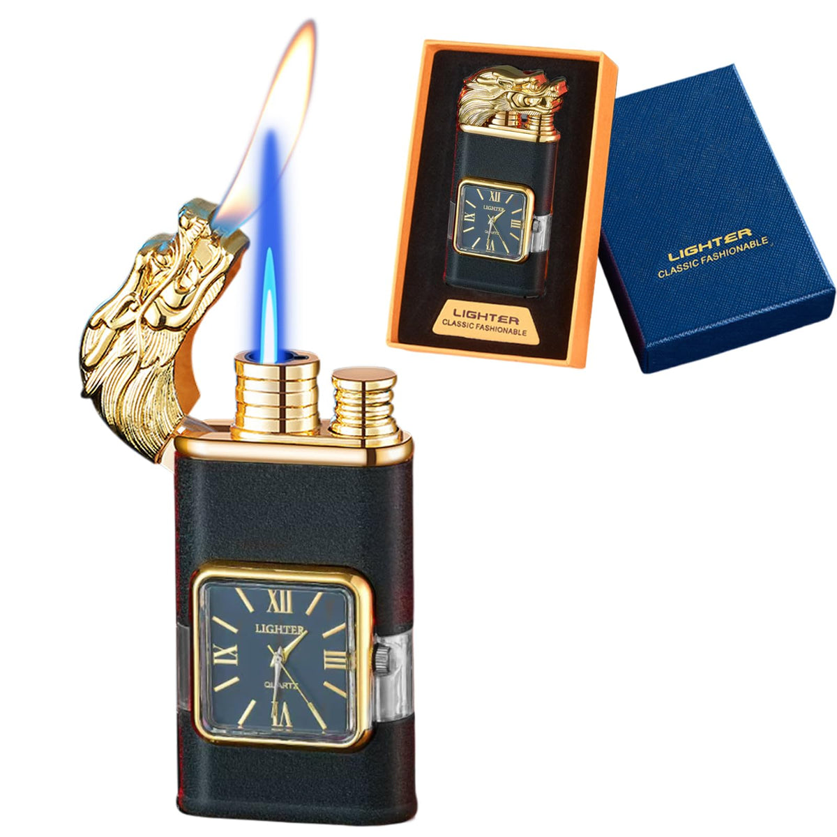 Torch Lighter, Magic Dual Flame Dragon Lighter with Portable Size, Windproof Lighter with Visible Fuel Tank, Adjustable Flame Refillable Butane Lighter for Men Friends Gifts (Without Butane)- Black-d