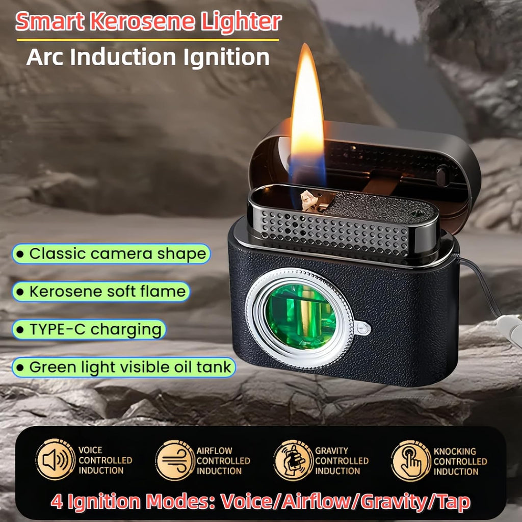 Smart Kerosene Lighter - Soft Flame with 4 Ignition Modes (Voice/Gravity/Airflow/Tap), Vintage Camera Design, USB-C Rechargeable & Refillable Lighters (Fuel Not Included)