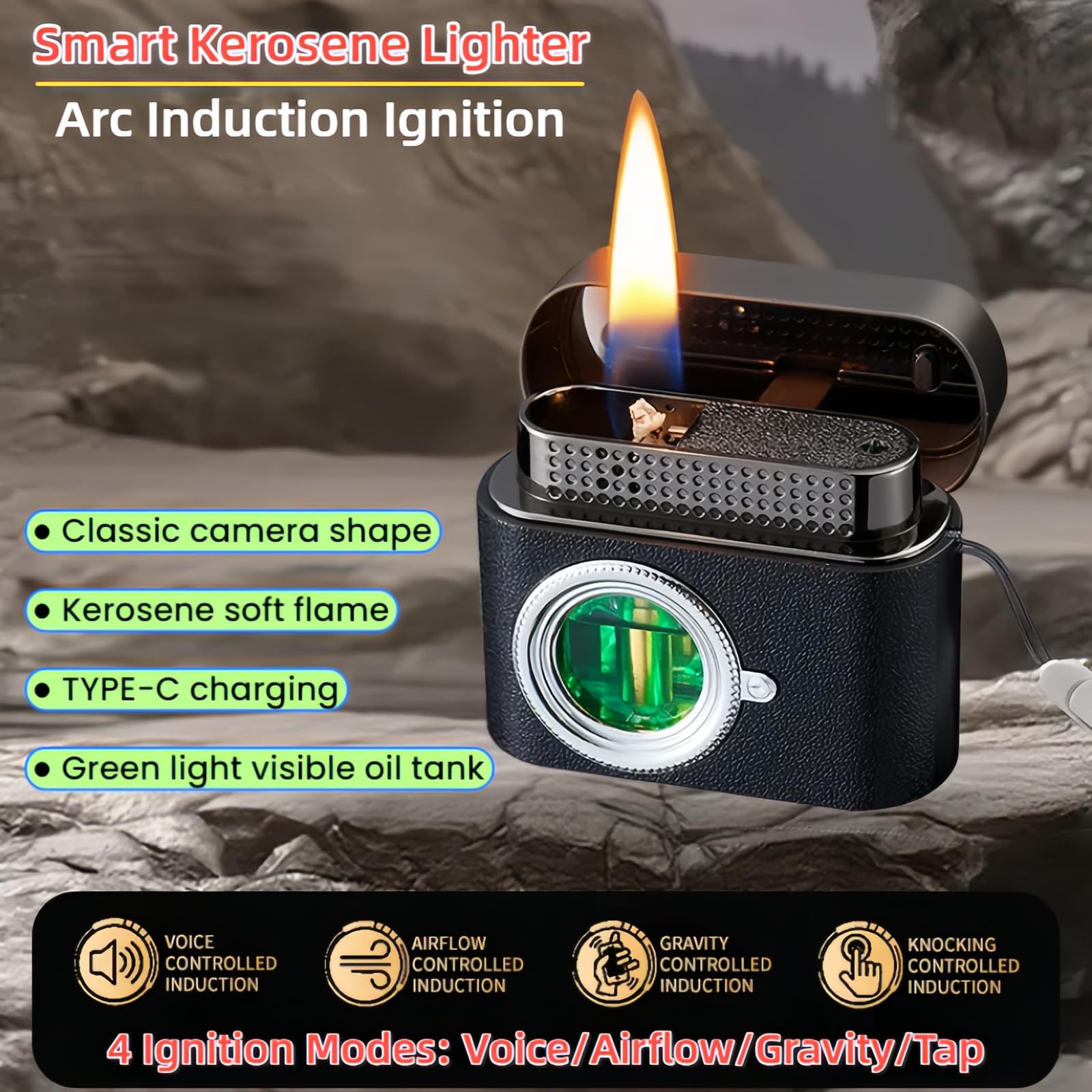 Smart Kerosene Lighter - Soft Flame with 4 Ignition Modes (Voice/Gravity/Airflow/Tap), Vintage Camera Design, USB-C Rechargeable & Refillable Lighters (Fuel Not Included)
