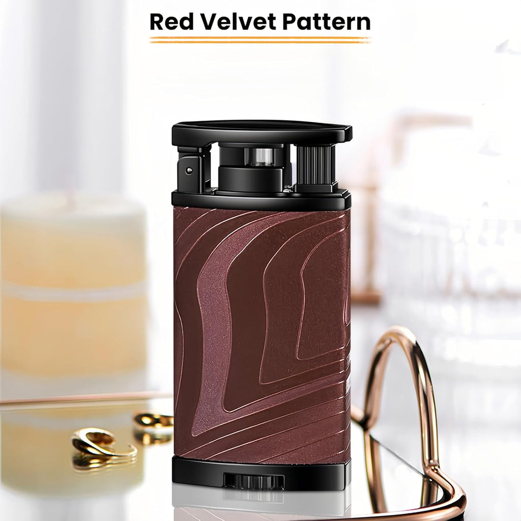 Dual Flame Butane Lighter, Torch and Soft Flame 2-in-1, Reusable and Refillable Lighters, Vintage Leather Textured - Red Velvet (Fuel Not Included)