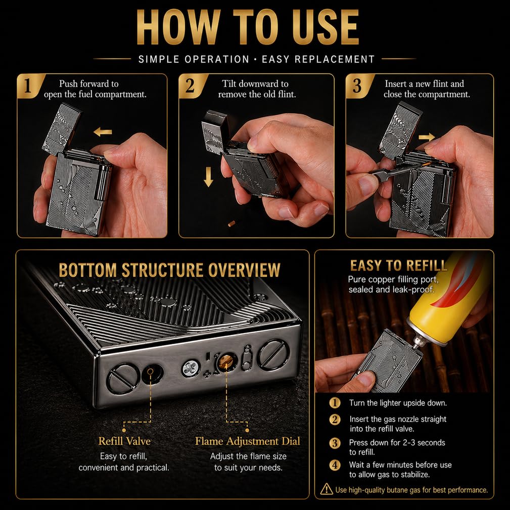 JIANCHEN Classic Metal Engraved Butane Lighter, Refillable Soft Flame Flip-Top Lighter, Gift Box (Fuel Not Included),Gold a | Classic Metal Butane Lighter, Gift Box (Fuel Not Included)