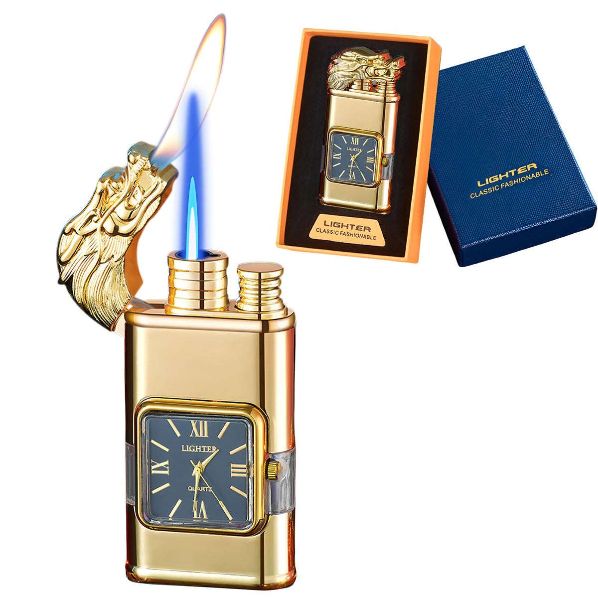 Torch Lighter, Magic Dual Flame Dragon Lighter with Portable Size, Windproof Lighter with Visible Fuel Tank, Adjustable Flame Refillable Butane Lighter for Men Friends Gifts (Without Butane)- Black-d