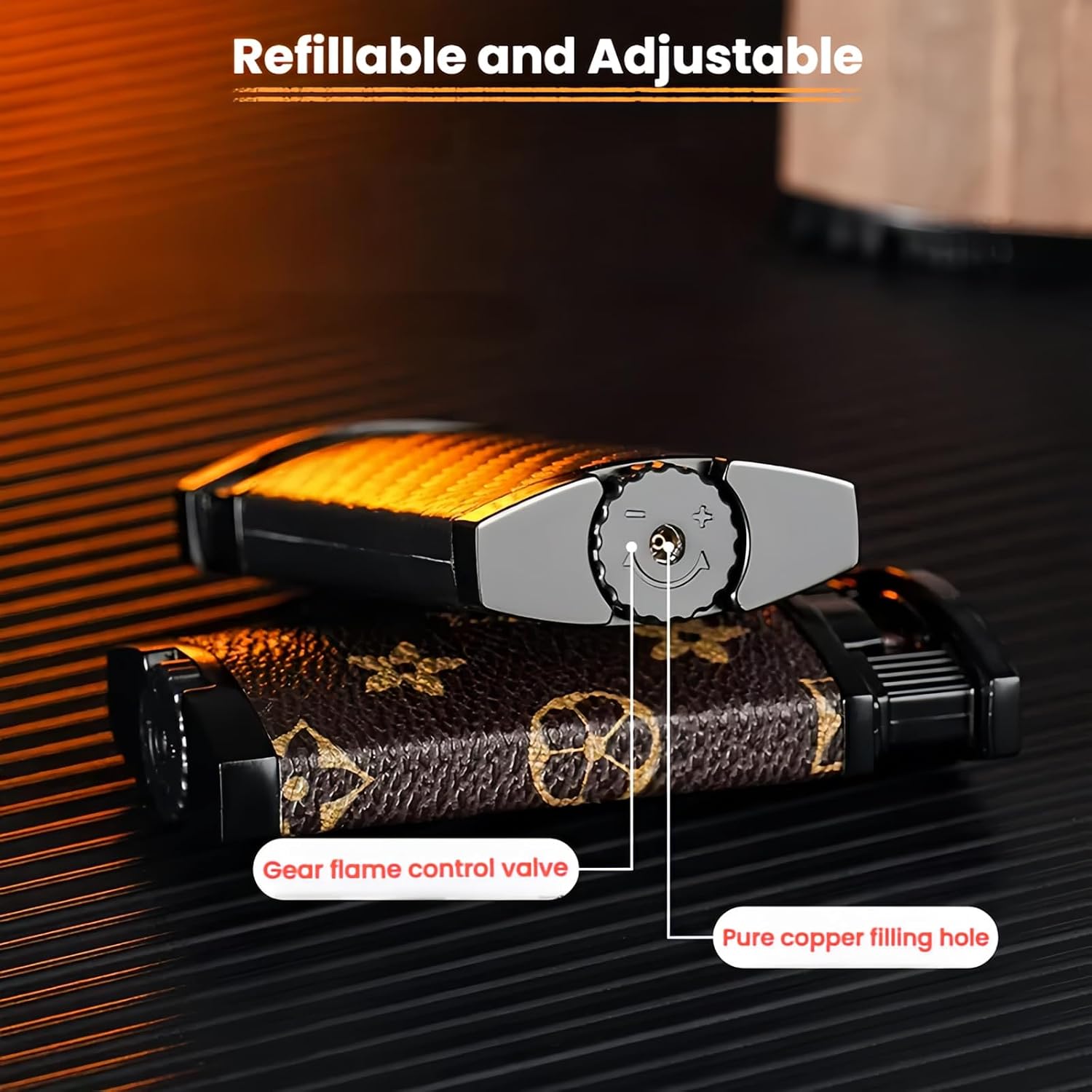 Dual Flame Butane Lighter, Torch and Soft Flame 2-in-1, Reusable and Refillable Lighters, Vintage Leather Textured - Red Velvet (Fuel Not Included)
