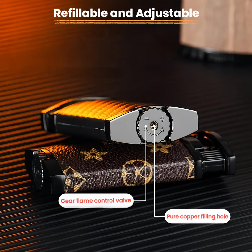 Dual Flame Butane Lighter, Torch and Soft Flame 2-in-1, Reusable and Refillable Lighters, Vintage Leather Textured - Red Velvet (Fuel Not Included)