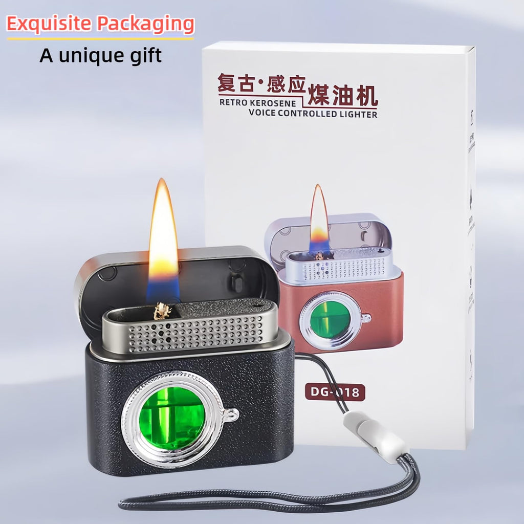 Smart Kerosene Lighter - Soft Flame with 4 Ignition Modes (Voice/Gravity/Airflow/Tap), Vintage Camera Design, USB-C Rechargeable & Refillable Lighters (Fuel Not Included)