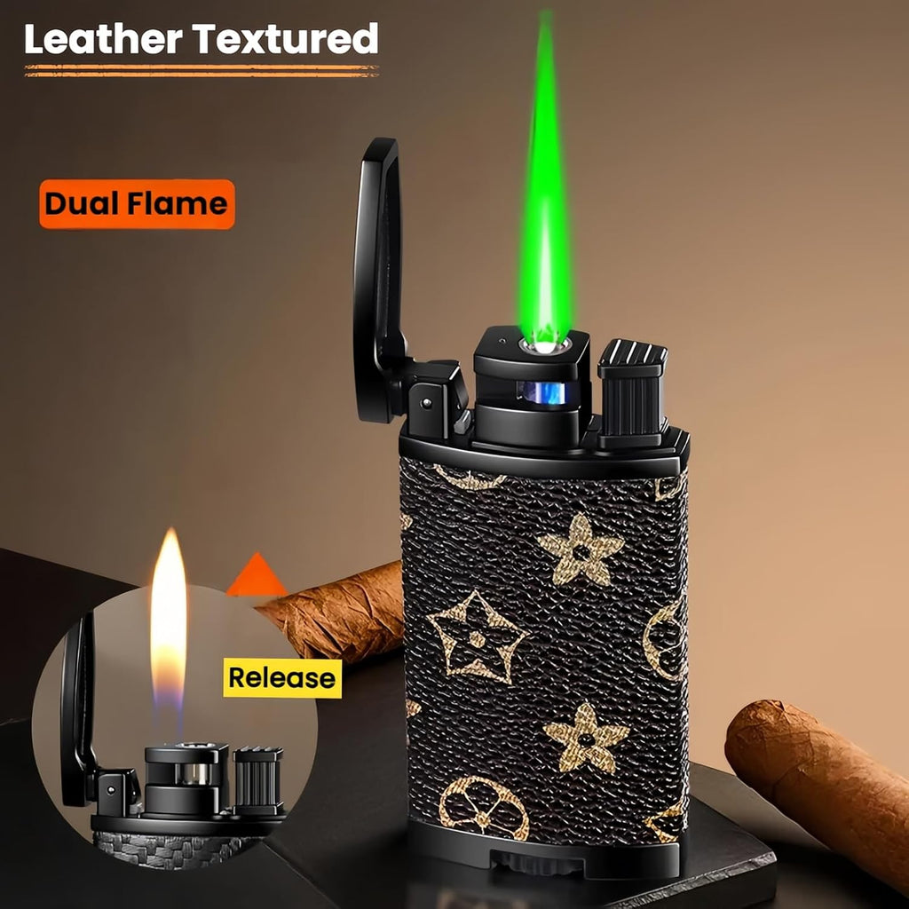 Dual Flame Butane Lighter, Torch and Soft Flame 2-in-1, Reusable and Refillable Lighters, Vintage Leather Textured - Red Velvet (Fuel Not Included)