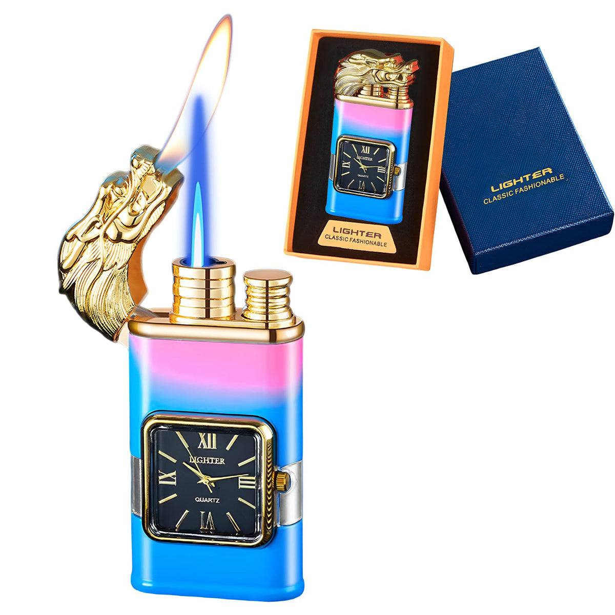 Torch Lighter, Magic Dual Flame Dragon Lighter with Portable Size, Windproof Lighter with Visible Fuel Tank, Adjustable Flame Refillable Butane Lighter for Men Friends Gifts (Without Butane)- Black-d
