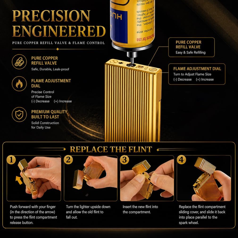 JIANCHEN Classic Metal Engraved Butane Lighter, Refillable Soft Flame Flip-Top Lighter, Gift Box (Fuel Not Included),Gold a | Classic Metal Butane Lighter, Gift Box (Fuel Not Included)