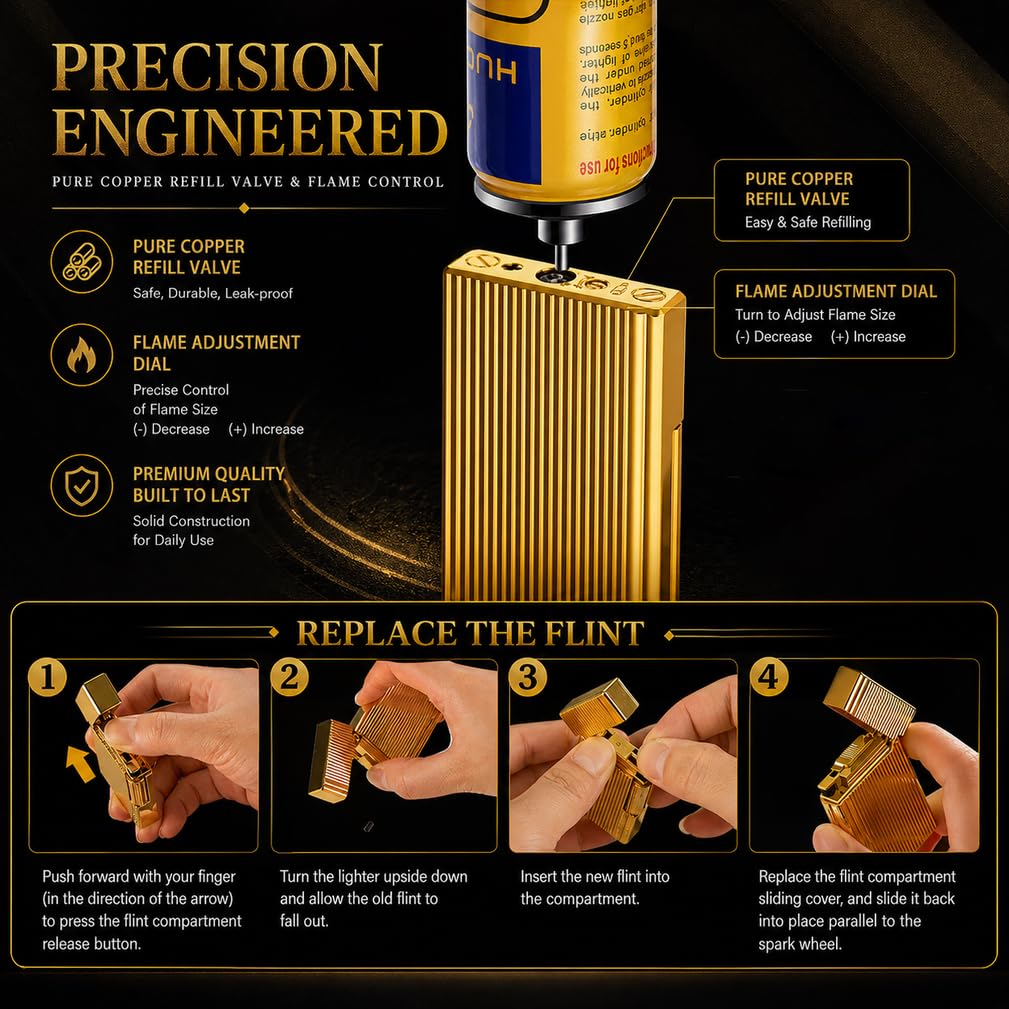 JIANCHEN Classic Metal Engraved Butane Lighter, Refillable Soft Flame Flip-Top Lighter, Gift Box (Fuel Not Included),Gold a | Classic Metal Butane Lighter, Gift Box (Fuel Not Included)