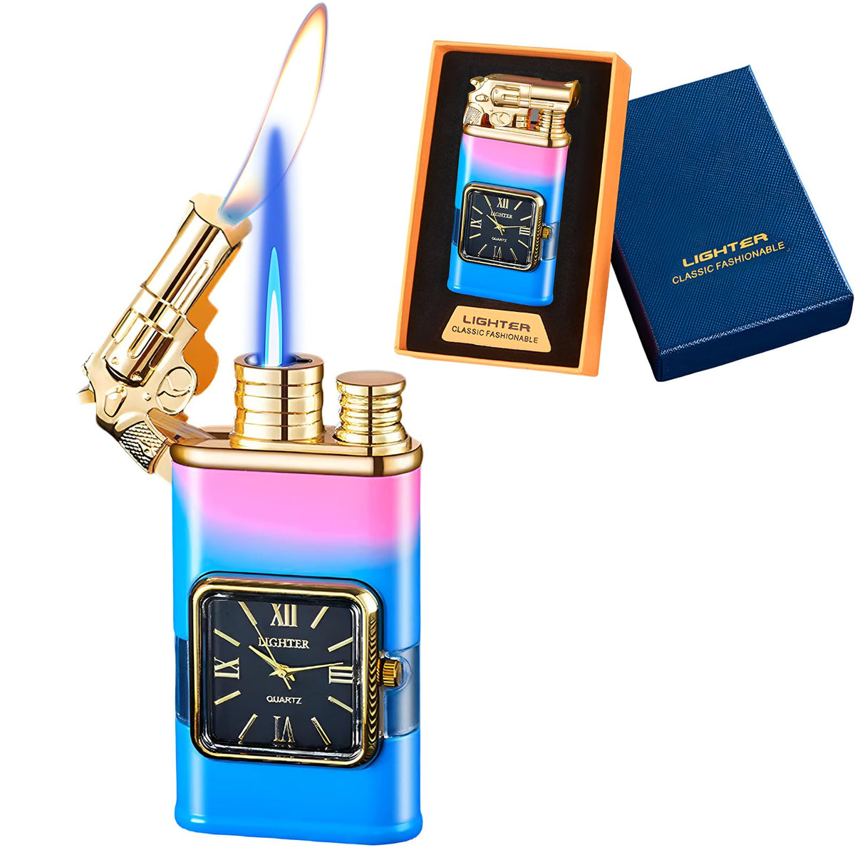 Torch Lighter, Magic Dual Flame Dragon Lighter with Portable Size, Windproof Lighter with Visible Fuel Tank, Adjustable Flame Refillable Butane Lighter for Men Friends Gifts (Without Butane)- Black-d