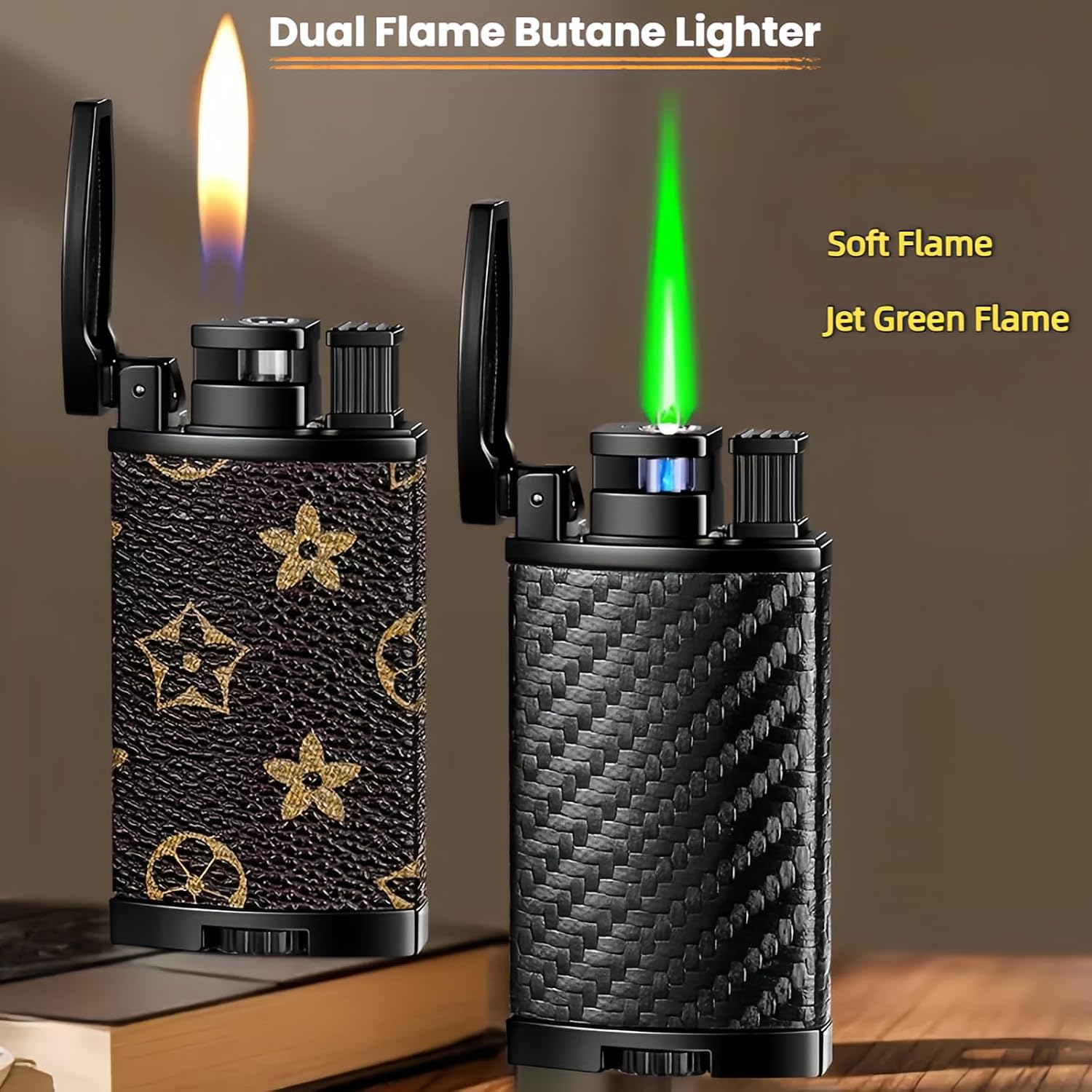 Dual Flame Butane Lighter, Torch and Soft Flame 2-in-1, Reusable and Refillable Lighters, Vintage Leather Textured - Red Velvet (Fuel Not Included)