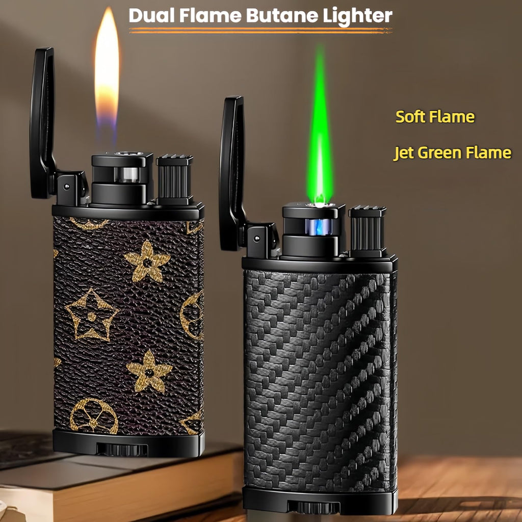 Dual Flame Butane Lighter, Torch and Soft Flame 2-in-1, Reusable and Refillable Lighters, Vintage Leather Textured - Red Velvet (Fuel Not Included)