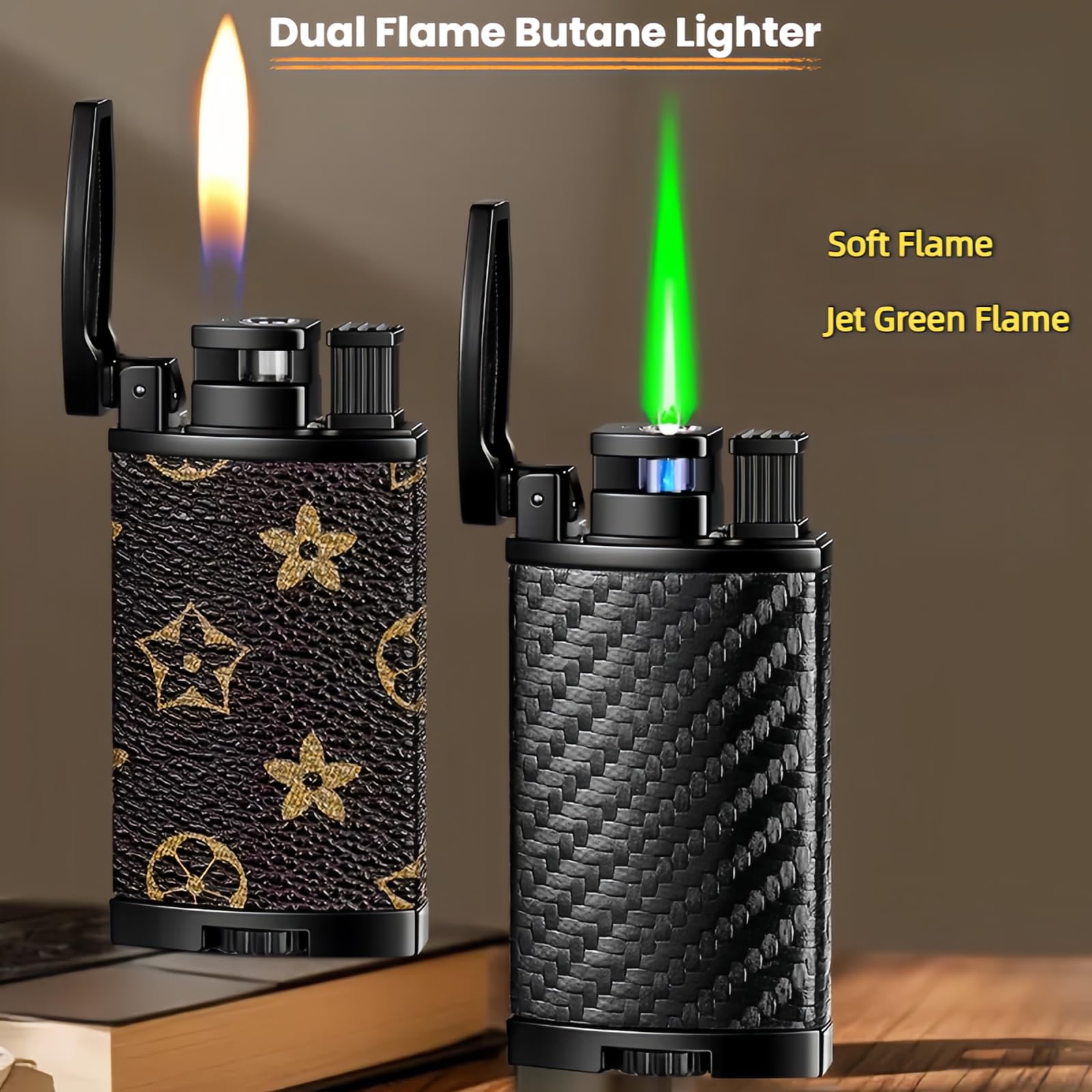Dual Flame Butane Lighter, Torch and Soft Flame 2-in-1, Reusable and Refillable Lighters, Vintage Leather Textured - Red Velvet (Fuel Not Included)