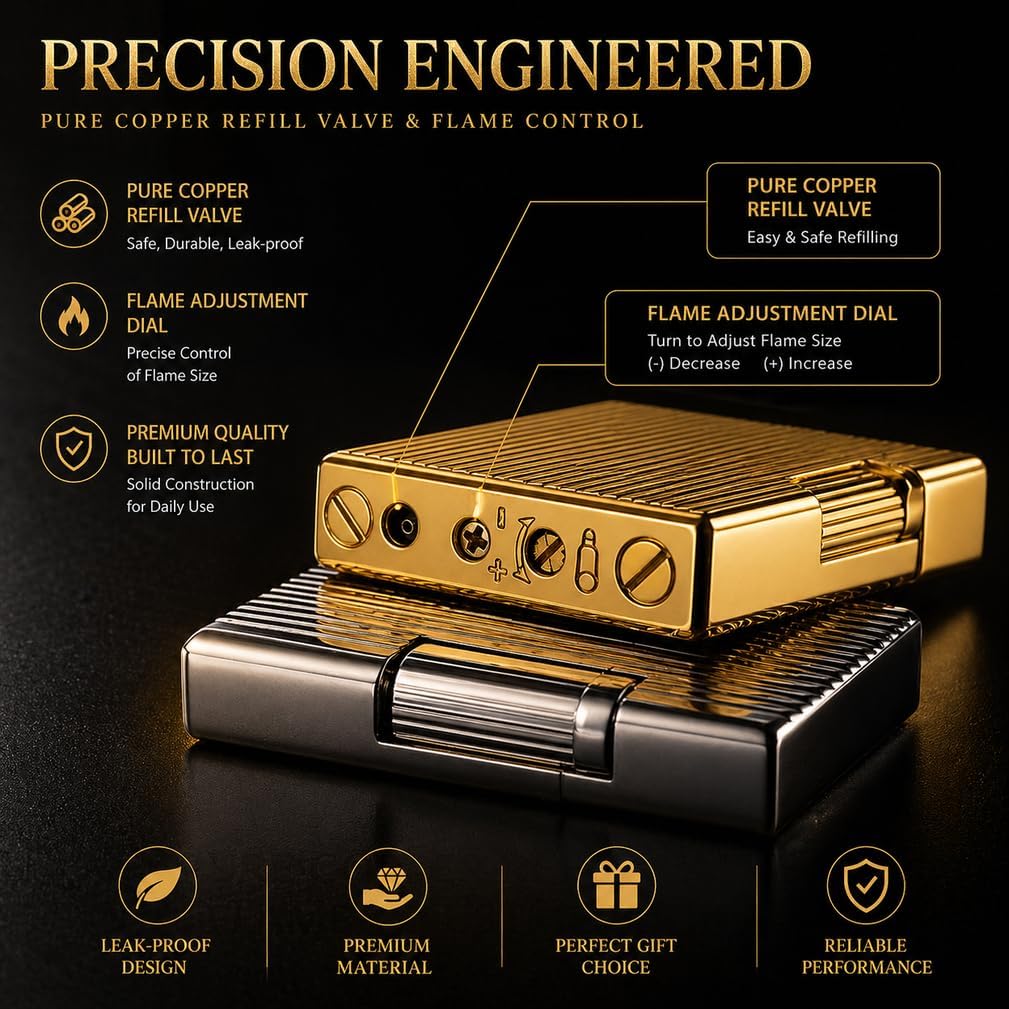 JIANCHEN Classic Metal Engraved Butane Lighter, Refillable Soft Flame Flip-Top Lighter, Gift Box (Fuel Not Included),Gold a | Classic Metal Butane Lighter, Gift Box (Fuel Not Included)
