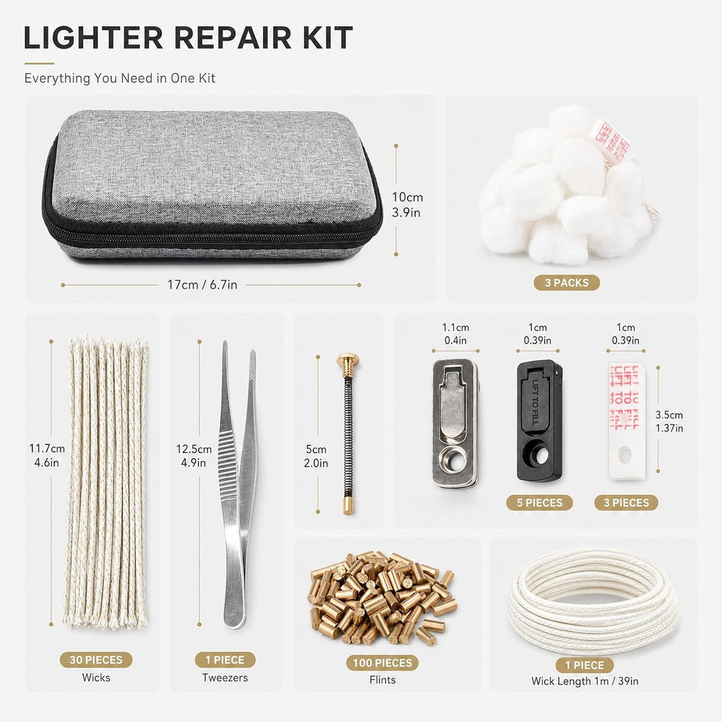 Lighters Maintenance Kit, Vintage Lighter Repair Kit | Repair Kit Complete Set for Most Lighters, Repairing Antique Lighter, Includes Lighters Gasket Seal, Flint, Accessories, Case