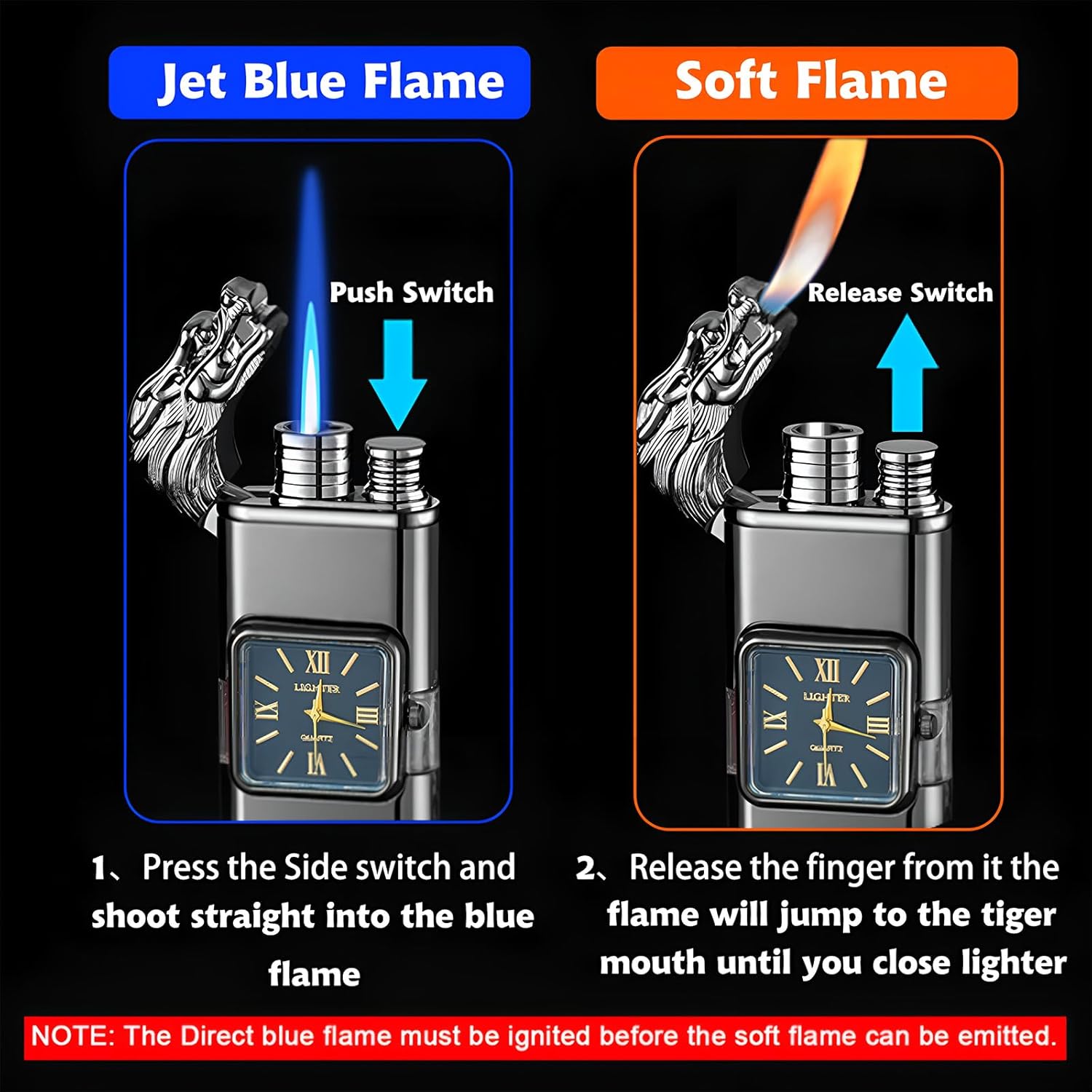 Torch Lighter, Magic Dual Flame Dragon Lighter with Portable Size, Windproof Lighter with Visible Fuel Tank, Adjustable Flame Refillable Butane Lighter for Men Friends Gifts (Without Butane)- Black-d