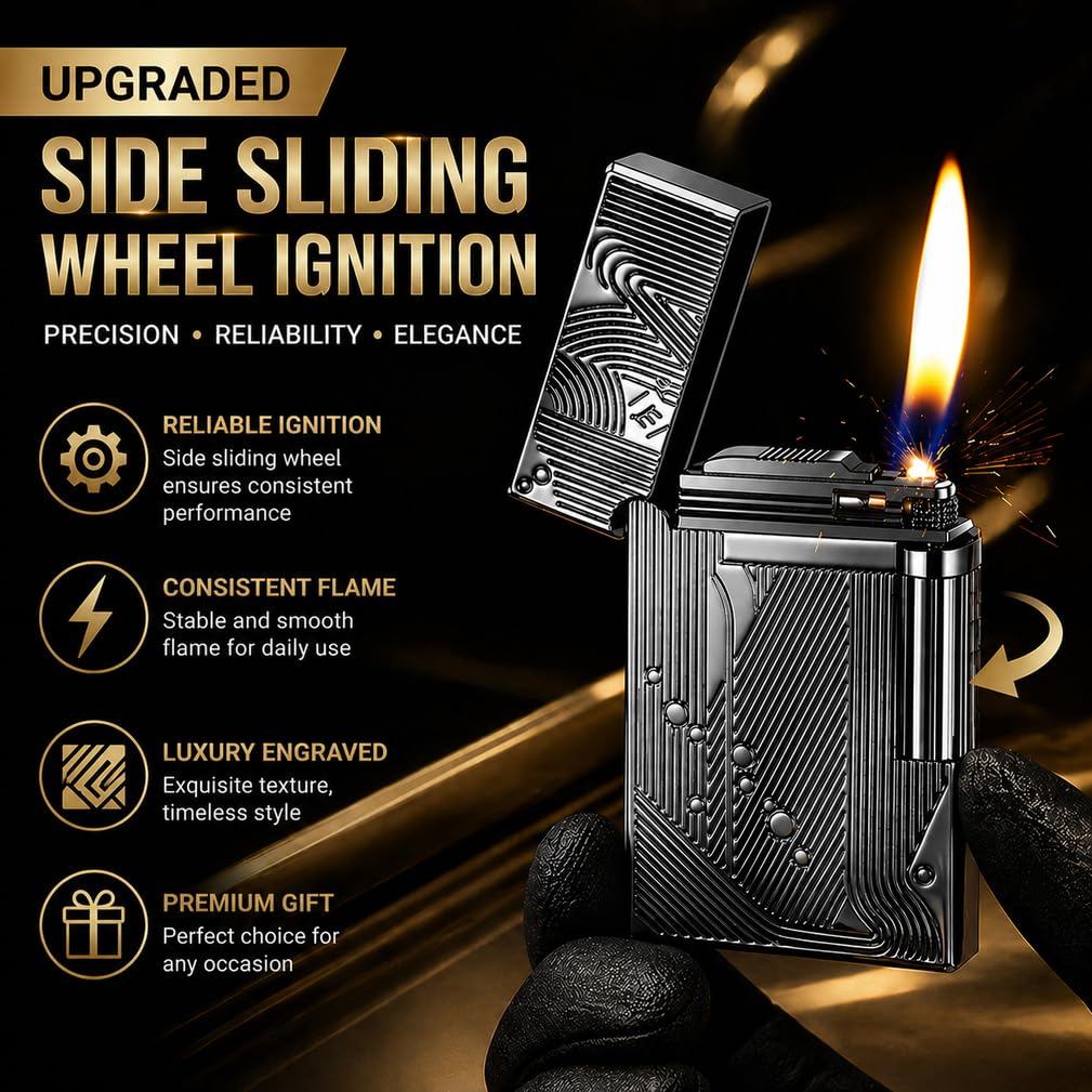 JIANCHEN Classic Metal Engraved Butane Lighter, Refillable Soft Flame Flip-Top Lighter, Gift Box (Fuel Not Included),Gold a | Classic Metal Butane Lighter, Gift Box (Fuel Not Included)