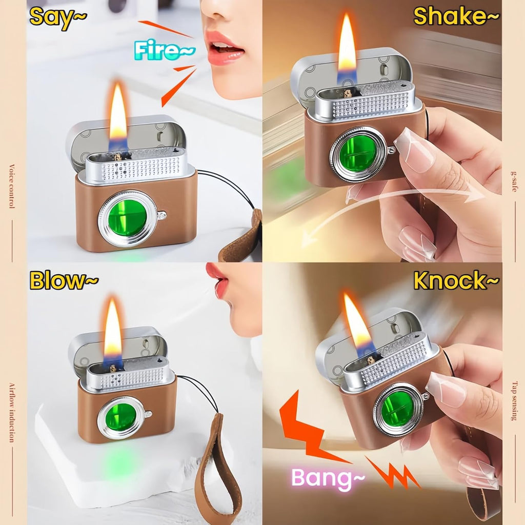 Smart Kerosene Lighter - Soft Flame with 4 Ignition Modes (Voice/Gravity/Airflow/Tap), Vintage Camera Design, USB-C Rechargeable & Refillable Lighters (Fuel Not Included)