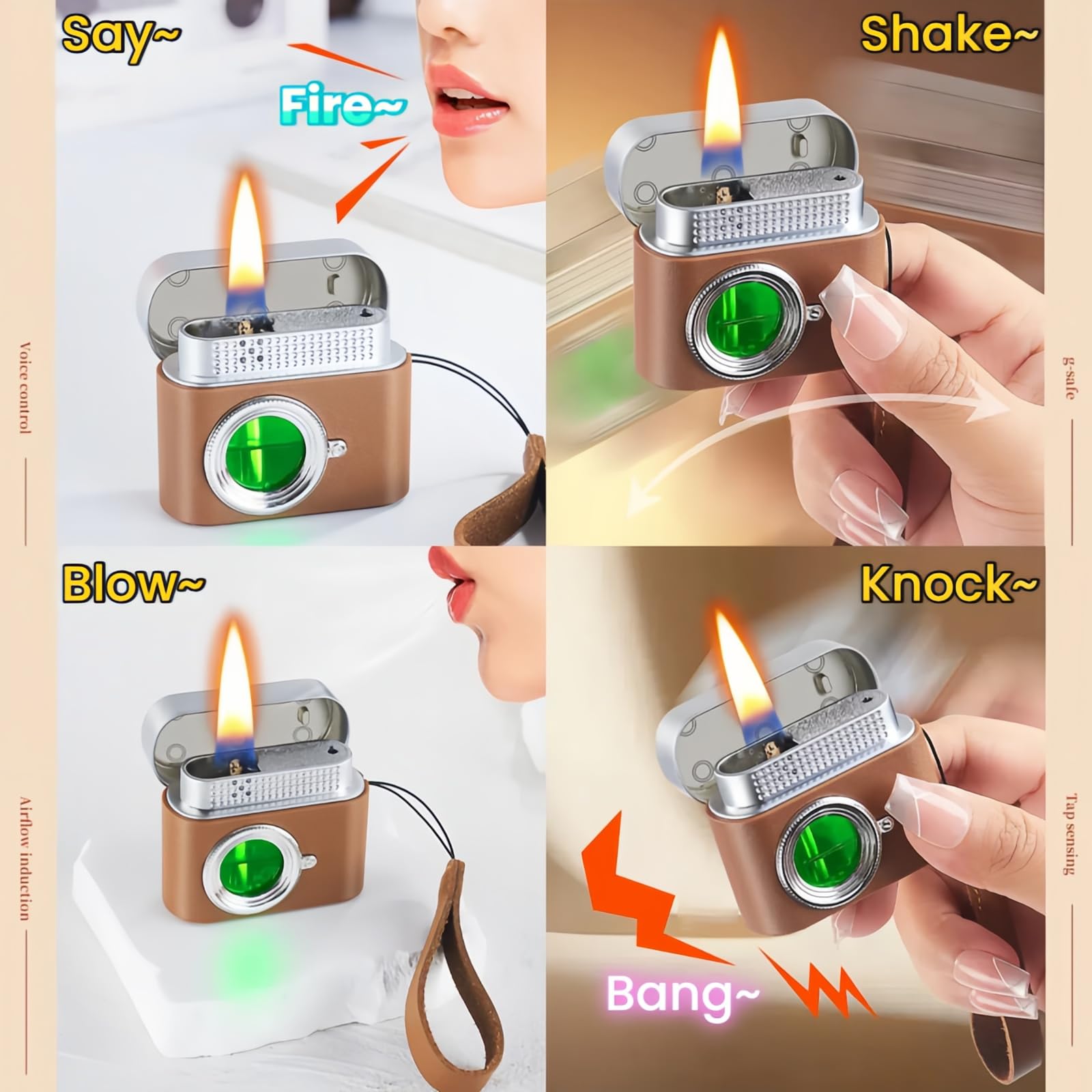 Smart Kerosene Lighter - Soft Flame with 4 Ignition Modes (Voice/Gravity/Airflow/Tap), Vintage Camera Design, USB-C Rechargeable & Refillable Lighters (Fuel Not Included)