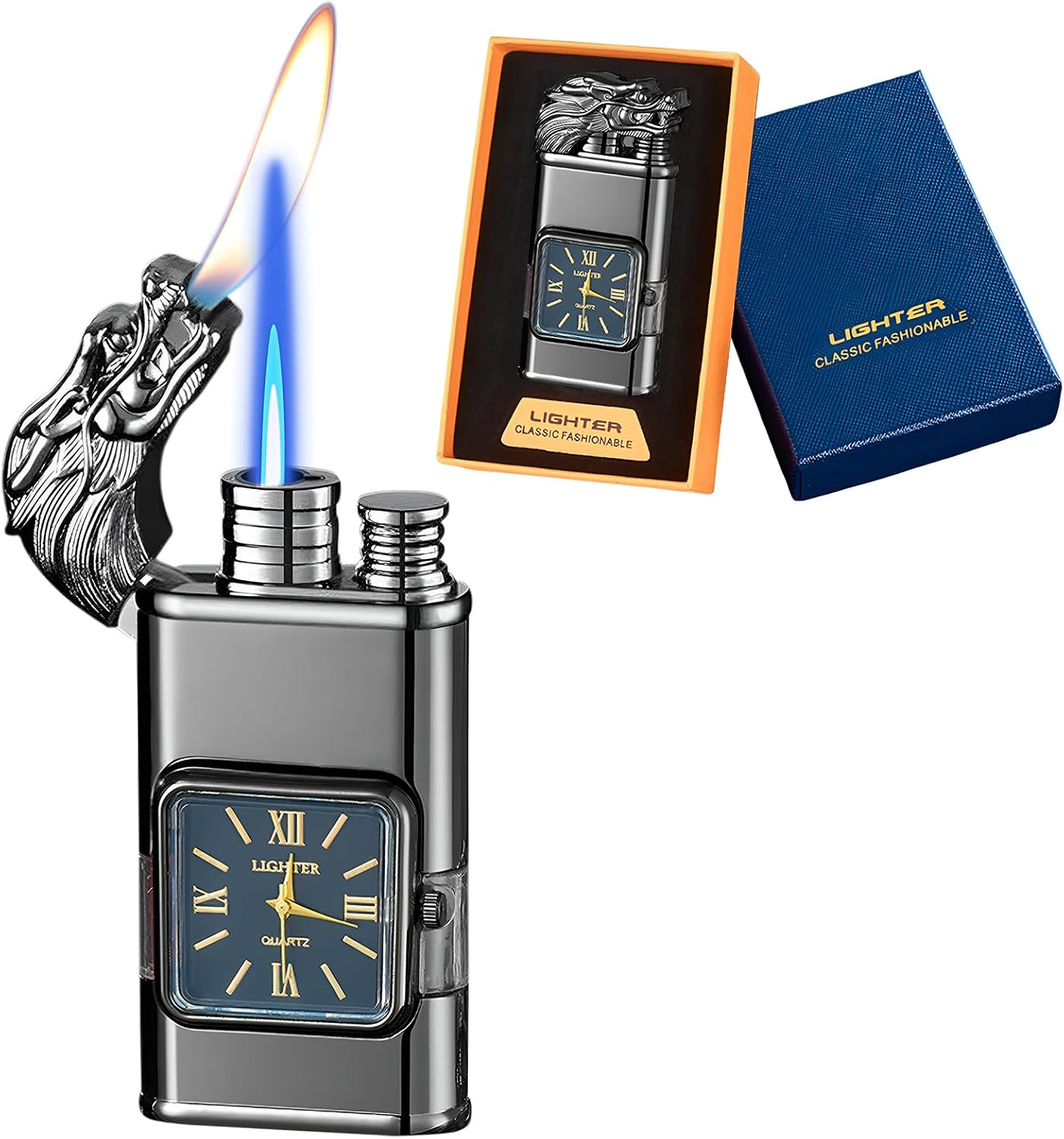 Torch Lighter, Magic Dual Flame Dragon Lighter with Portable Size, Windproof Lighter with Visible Fuel Tank, Adjustable Flame Refillable Butane Lighter for Men Friends Gifts (Without Butane)- Black-d