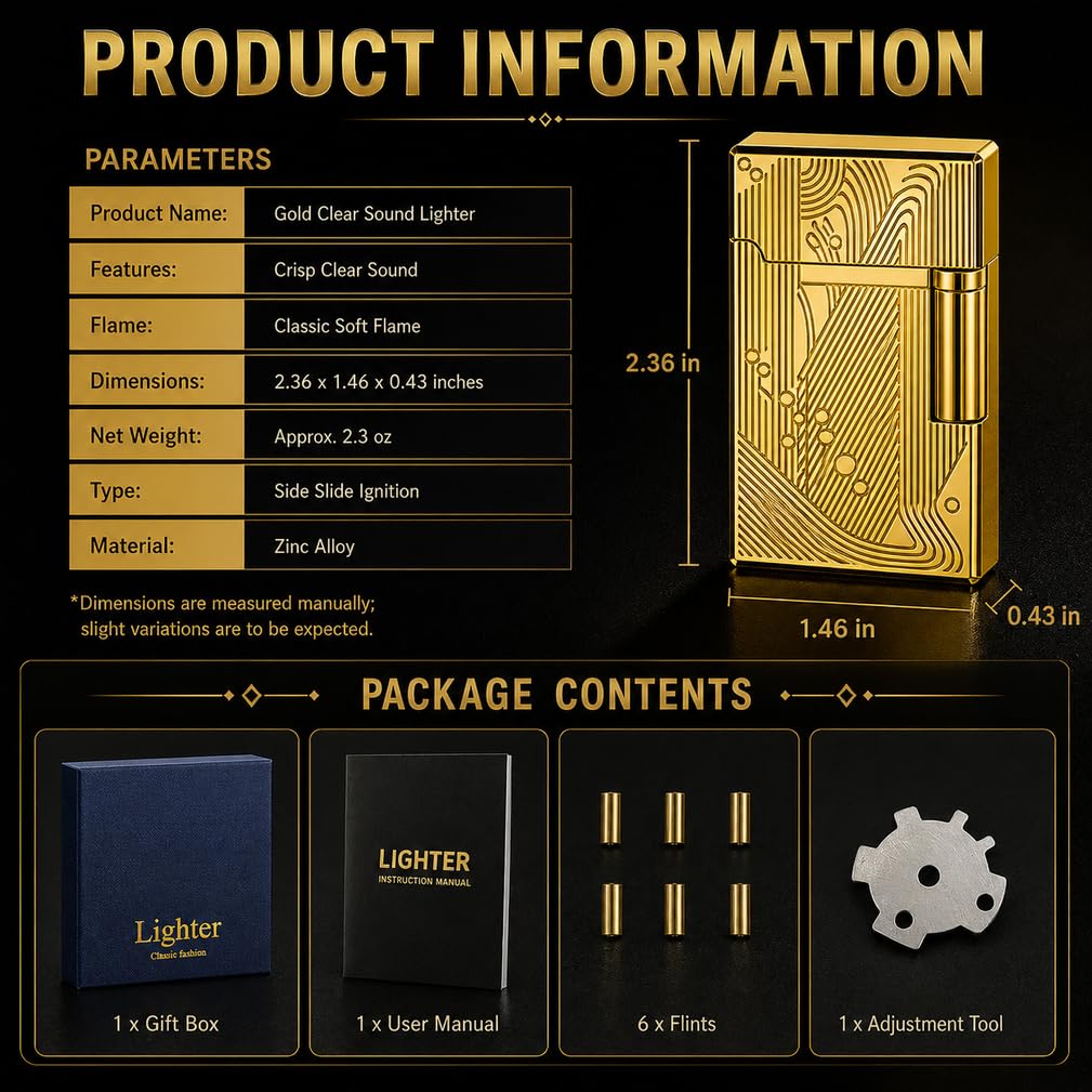 JIANCHEN Classic Metal Engraved Butane Lighter, Refillable Soft Flame Flip-Top Lighter, Gift Box (Fuel Not Included),Gold a | Classic Metal Butane Lighter, Gift Box (Fuel Not Included)