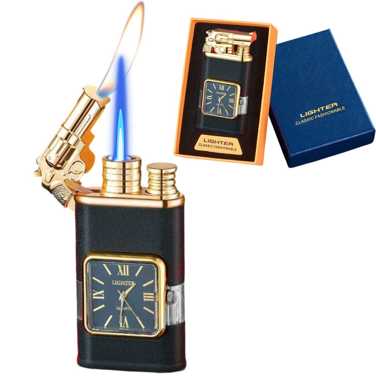 Torch Lighter, Magic Dual Flame Dragon Lighter with Portable Size, Windproof Lighter with Visible Fuel Tank, Adjustable Flame Refillable Butane Lighter for Men Friends Gifts (Without Butane)- Black-d