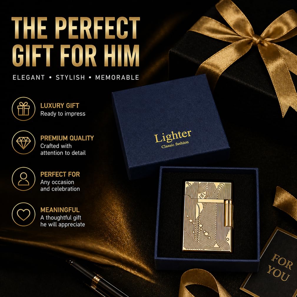 JIANCHEN Classic Metal Engraved Butane Lighter, Refillable Soft Flame Flip-Top Lighter, Gift Box (Fuel Not Included),Gold a | Classic Metal Butane Lighter, Gift Box (Fuel Not Included)