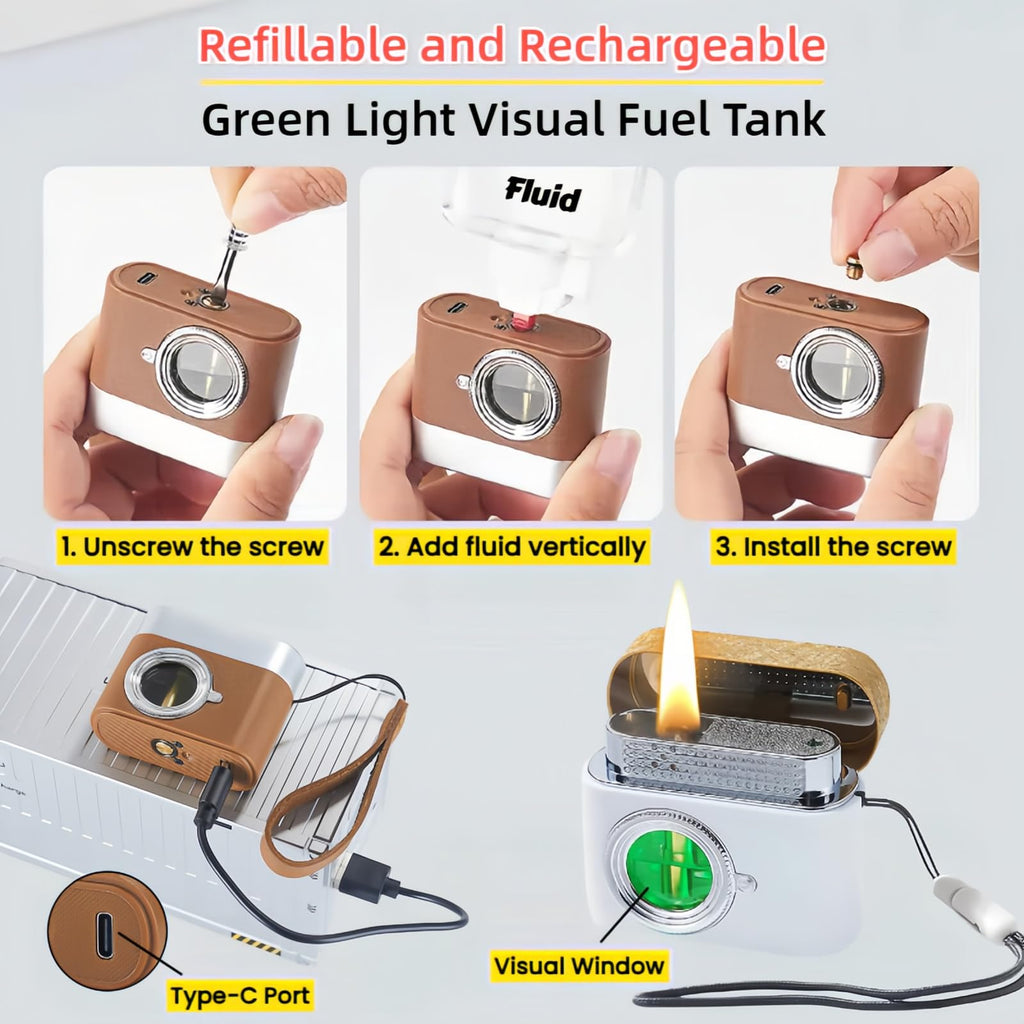 Smart Kerosene Lighter - Soft Flame with 4 Ignition Modes (Voice/Gravity/Airflow/Tap), Vintage Camera Design, USB-C Rechargeable & Refillable Lighters (Fuel Not Included)
