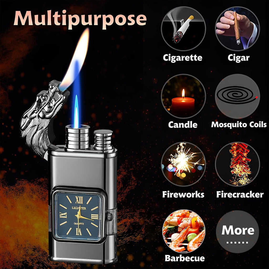 Torch Lighter, Magic Dual Flame Dragon Lighter with Portable Size, Windproof Lighter with Visible Fuel Tank, Adjustable Flame Refillable Butane Lighter for Men Friends Gifts (Without Butane)- Black-d