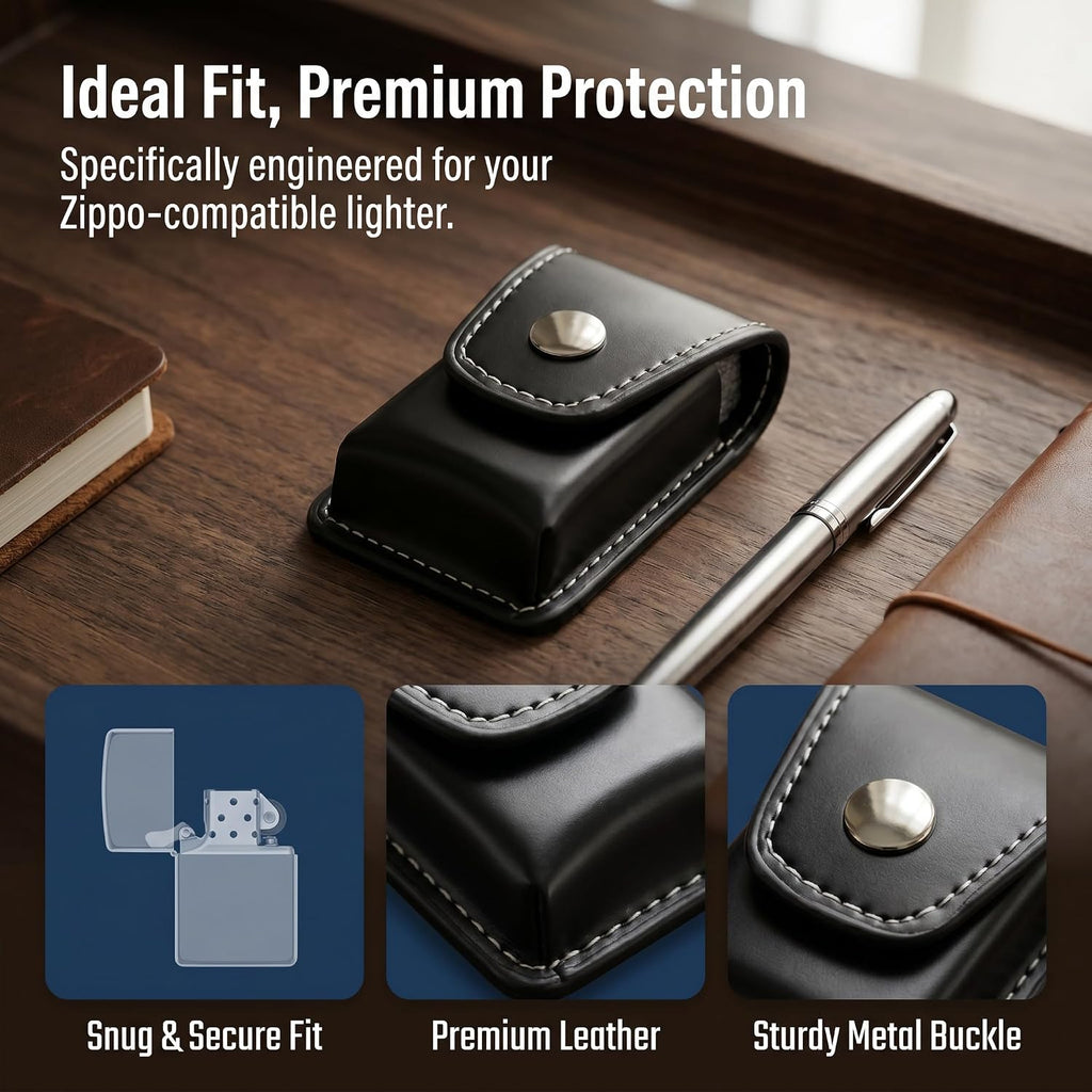 Leather Lighter Case for Zippo, Anti-Scratch Flip Top Pouch with Metal Buckle, Portable Lighter Holder with Belt Loop for Outdoor Daily Carry